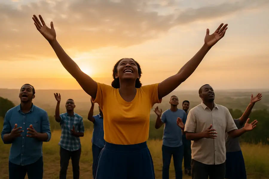 Le rendez-vous au sommet : Une exhortation vers la vie en plénitude en Jésus-Christ 7 Un groupe d’hommes et de femmes africains en tenue simple, les bras levés vers le ciel, chantant avec ferveur dans un espace ouvert au lever du soleil. L’ambiance est joyeuse, spirituelle et profonde. Au loin, une lumière céleste éclaire la scène. L’arrière-plan évoque une colline ou un terrain naturel. L’image exprime la liberté, la gratitude et l’adoration