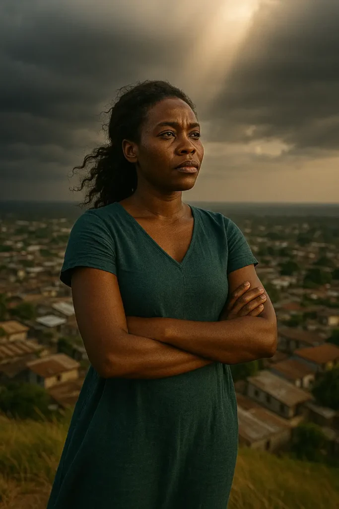 Le rendez-vous au sommet : Une exhortation vers la vie en plénitude en Jésus-Christ 4 Femme congolaise debout au sommet d’une colline près de Kinshasa, éclairée par la lumière céleste. Elle symbolise le rendez-vous au sommet et la plénitude en Christ