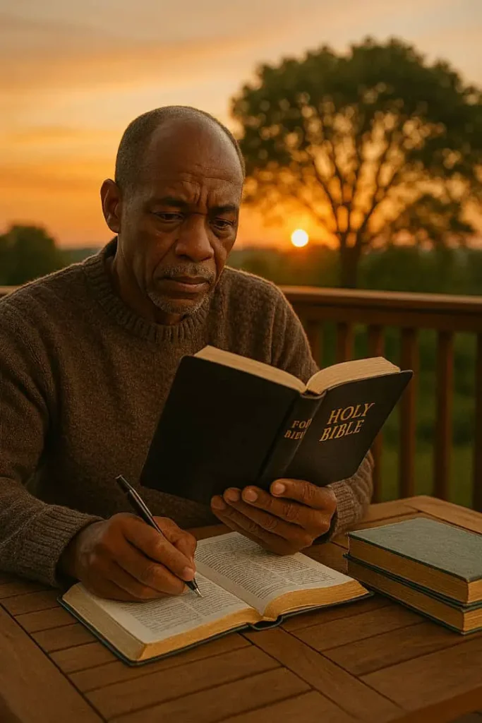 Le rendez-vous au sommet : Une exhortation vers la vie en plénitude en Jésus-Christ 3 Un homme d’âge mûr lisant la Bible à l’aube sur une terrasse, entouré de livres et prenant des notes. Regard profond, ambiance calme, lever de soleil. À l’arrière-plan : un arbre symbolisant la croissance.